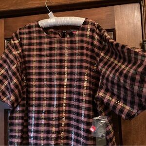 Vince Camuto Pink and Black Gold Plaid top